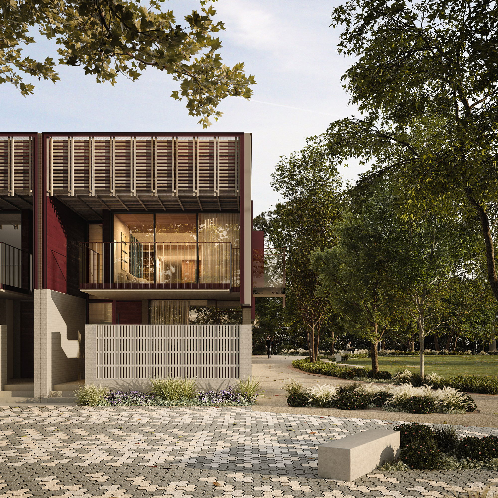 Street view of WINWOOD, architect designed riverside terrace homes in Thebarton, Adelaide.