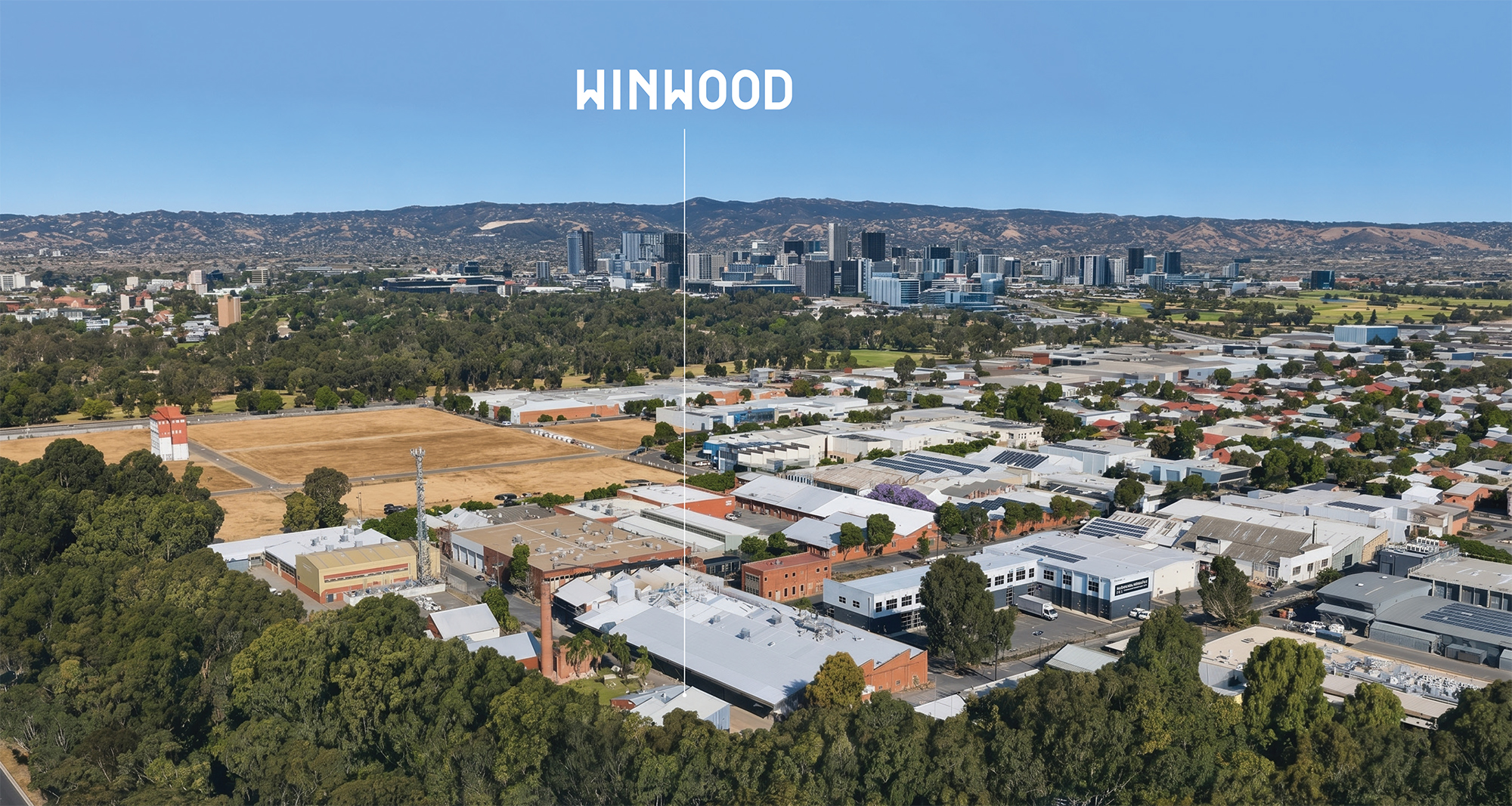 Aerial illustration showing WINWOOD's location in Thebarton relative to Adelaide CBD